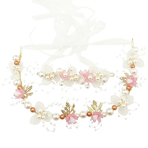 Fairy Wedding Pearls Pink Flower Headpiece with Matching Wrist Corsage Set