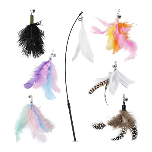Katzen zubehör katzenangel stabil katzenspielzeug Angel Feder | 80cm Katzenangel Stabil +7 Ersatzköpfe Katzenspielzeug Feder Glocke Interaktiv katzenspielzeug Vogel Für Katze Katzen Zubehör