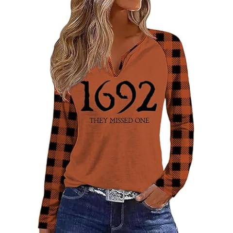 Women's Halloween V Neck Shirt Fall Salem Witch Spooky Season Long Sleeve Tee Holiday Family Party Raglan Tops(L,E-Brown) Cover