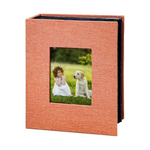HENPISEN Photo Album 4x6 with 200 Pockets, Slip-in Picture Albums, Linen Cover Memory Book with Front Window, Black Page Vertical Photo Book for Wedding, Family, Anniversary, Baby, Vacation(Orange)