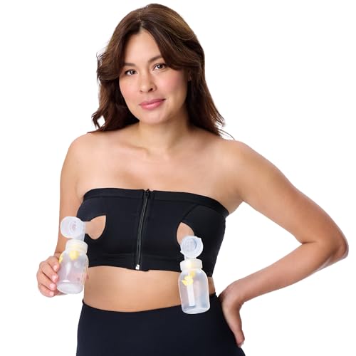 Motherhood Maternity Hands Free Pumping Bra Soft Adjustable Strapless Nursing Bra with Wireless Support & Front Zipper for Breastfeeding Moms Bandeau for Easy Pumping & Nursing Black Medium