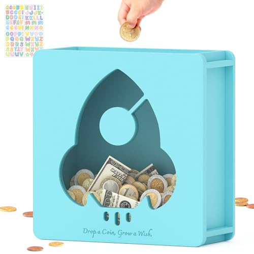 Image of Summidate Wooden Money Saving Box, Clear Window Cash Vault Savings Box with DIY Stickers, Personalized Rocket Piggy Bank for Kids & Adults, Birthday /Baby Shower /Wedding Gift