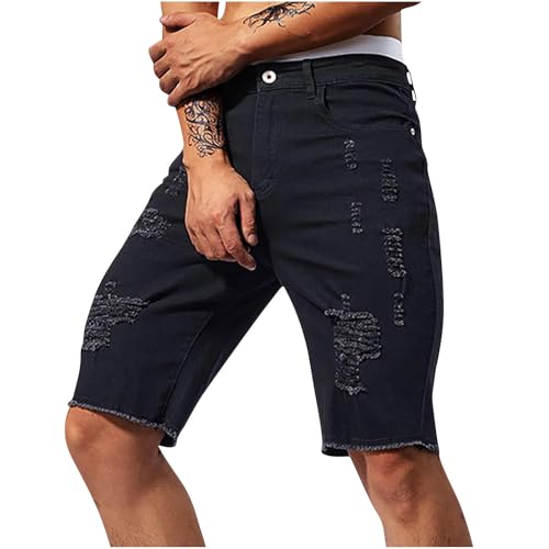 Men's Slim Fit Short Jeans Stretch Destroyed Ripped Skinny Distressed Straight Denim Short Pants Casual Streetwear