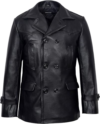 Image of Crafter Men's Kriegsmarine German Ww2 Dr Who Reefer Hide Leather Jacket Coat Four Button Leather Car Coat - Pea Coat for Mens