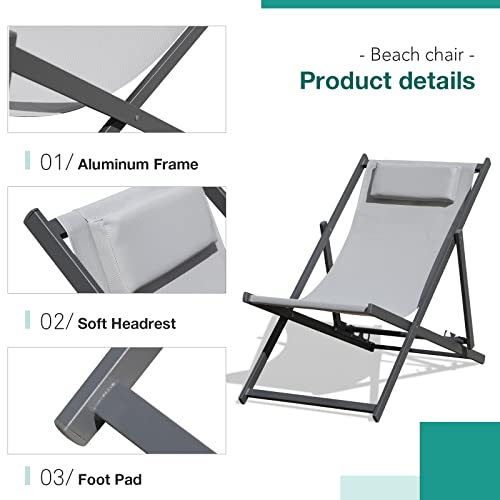 Patiorama Outdoor Folding Beach Sling Chairs Set Of 2, Aluminum Patio Lounge Chair, Portable Beach Chairs, Adjustable Reclining Chairs W/Cushioned Headrest For Pool, Dark Grey Frame & Grey Mesh #TOP5