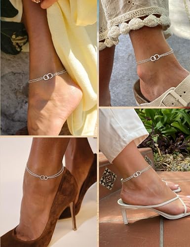 Milacolato Fußkettchen für Damen Silber 925 Gold Fussketten für Frauen Verstellbare Doppelte Wasserdicht Fußkette Gold Silber Schmetterling Stern Herz Kreis Fußkette Damen Sommer Schmuck-DS