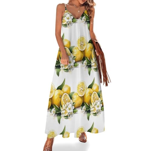 TZTTZT Sommer-Maxikleid mit weißen Blumen Zitrone A-Druck für Damen lässig Strandurlaub Spaghettiträger Mehrfarbig X-Groß