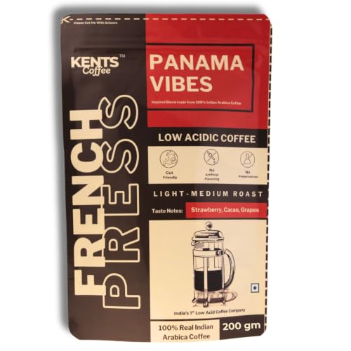 Image of Kents Coffee Panama Vibes Light Medium Roast | LOW ACIDIC COFFEE | French Press, Channi & Cold Brew | Fruity, Juicy, Tropical | 100% Arabica Powder | Chikmangalur Single Estate | Gut Friendly | Course Grind | Best Black Coffee | Sundried Arabica + Washed Arabica | Speciality Pack (200Gm)