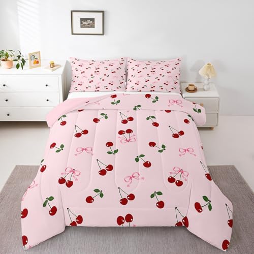 Image of Feelyou Bows Cherry Summer Comforter Set Twin Size Kids Boys Girls Bedding