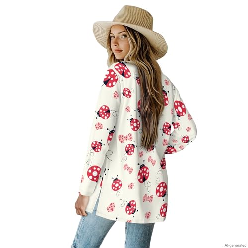 Image of Forchrinse Red Ladybug Cardigan for Women Causal Long Sleeve Open Front Cardigans Sweater Fashion 2024 Fall Coat with Pockets