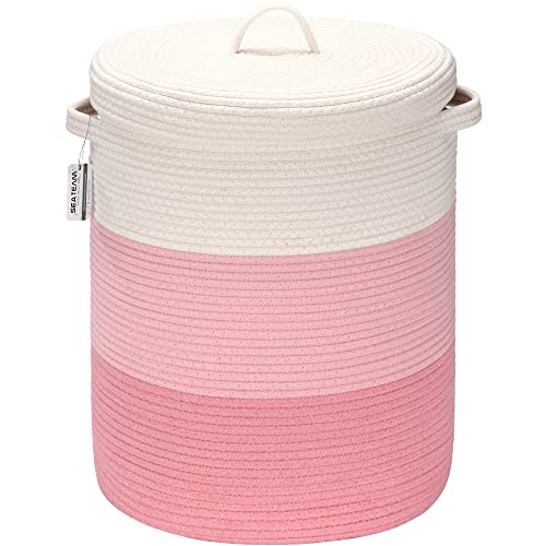 Image of Sea Team Large Size Cotton Rope Woven Storage Basket with Lid, Lidded Laundry Hamper with Handles, Fabric Bucket with Cover, Clothes Toys Organizer for Kid's Room, 16 x 20 inches, White & Pink