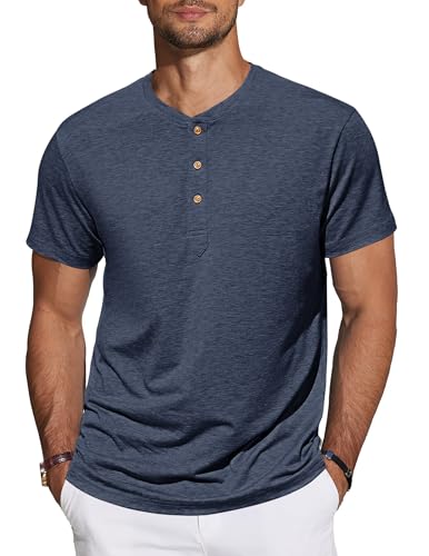 TARAINYA Henley T-Shirt Homme Coton Manches Courtes col Mao Décontractées été avec Bouton Bleu Marine L
