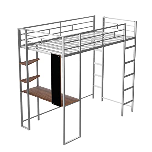 Metal Loft Bed Studio Loft Bunk Bed Over Desk And Bookcase With 2 Ladders,Twin Loft Bed For Dorm, Boys & Girls Teens Kids,Silver #TOP4