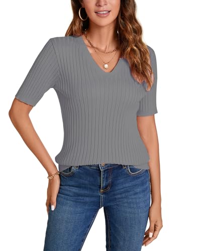 Image of Women Summer Knit Shirt Blouse V Neck Short Sleeve Pullover Sweater Tops