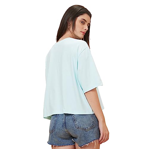 Image of Globus Women Blue Printed Round Neck Casual Boxy Fit T-shirt-3638180001
