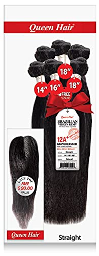 Queen Hair Brazilian Virgin Remy 100% Unprocessed Human Hair Extensions Weft Weave 6 Bundles + Free Closure - Sew In or Glue In（Naturl 16" 18" 20"）