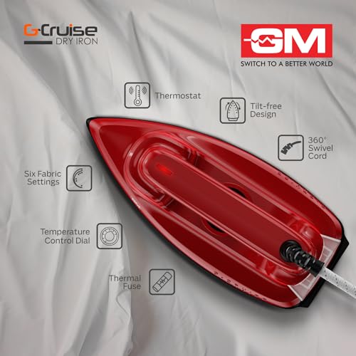G-Cruise 1000 Watt Dry Iron Press with Dual Layer German Technology Non-Stick Coating | Thermostat Control to Easily Iron All Type of Clothes | 1.8 Meter Wire with 360° Swivel Cord - Red