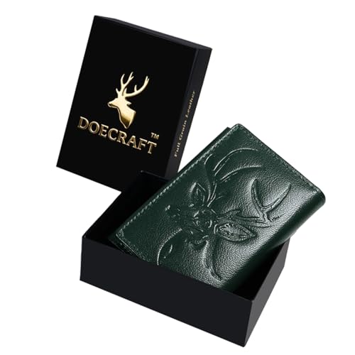 Image of Men's Genuine Leather RFID Wallet | Premium Slim Red Wallet for Men with Deer 3D Print | 8 Card Slots Secure and Durable | Casual Stylish | Formal & Gifting Use, Golden (Green)