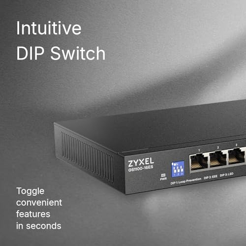Image of Zyxel 16 Port Network Ethernet Switch | Unmanaged Gigabit | GS1100-16ES | 16x GbE Ports, Dip Switch Control, Fanless, Slim Design, Wall Mount Kit Included, Plug-and-Play Easy Installation