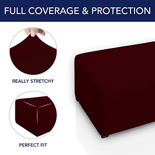 Image of PureFit Stretch Rectangle Ottoman Cover Footstool Cover, Wine | Fleece Soft Form Fit Ottoman Slipcovers Rectangle Slipcover for Folding Storage with Nonslip Elastic Bottom