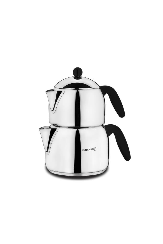 Hakan Set Teiera Turca MAXI In Acciaio Inox – Doppia Pentola Con Filtro Automatico, 1,2L + 2,0L, Manici In Bachelite