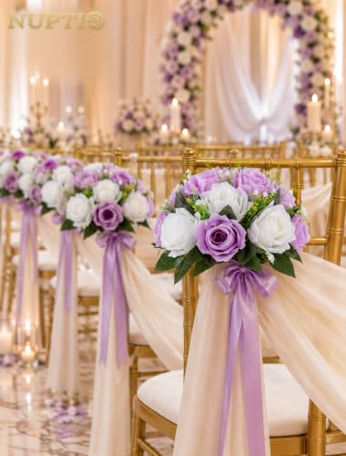 Image of NUPTIO Flower Wedding Centrepieces for Tables - 6 Pcs 9.5in Diameter Lilac & White Artificial Flowers Rose Ball for Centerpieces Table - Fake Rose Arrangements for Weddings Birthday Party Decor