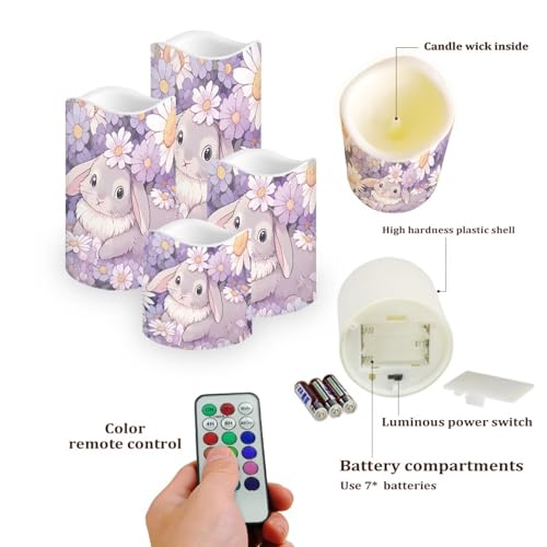 Image of Cute Bunny Puprle Daisy Flickering Flameless Candles with Remote LED Pillar Candles Battery Operated with Timer Color Changing Electric Candles Easter Decoration
