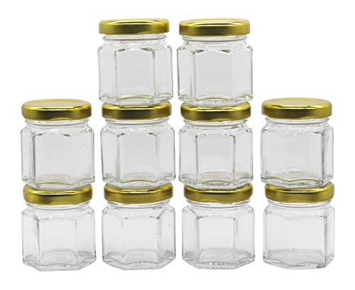 Image of Cute Hexagonal 50 Grams Airtight Glass Jar Containers for Honey, Spices & Other Kitchen Items with Rust Proof Golden Color Caps -Set of 12