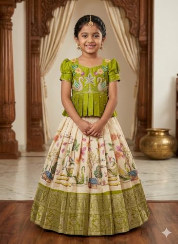Image of White Button Girls' Ethnic Peplum Top and Jacquard Langa Voni type Lehenga Choli Set- Traditional Outfit