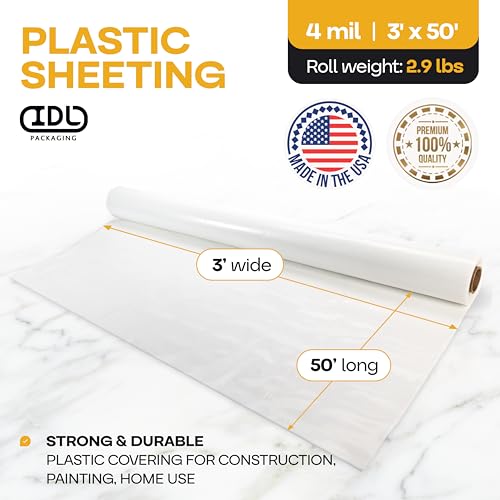 Thick 4 Mil Semi-Clear Plastic Sheeting by IDL Packaging - 3' x 50' Roll