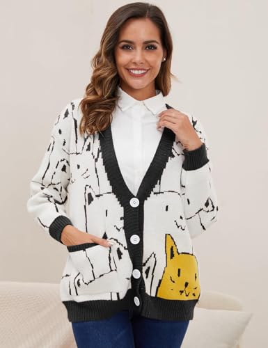 Yimoon Women's Kawaii Cat Cardigan Sweater Oversized V-Neck Button Down Knitted Loose Fit Cardigans2