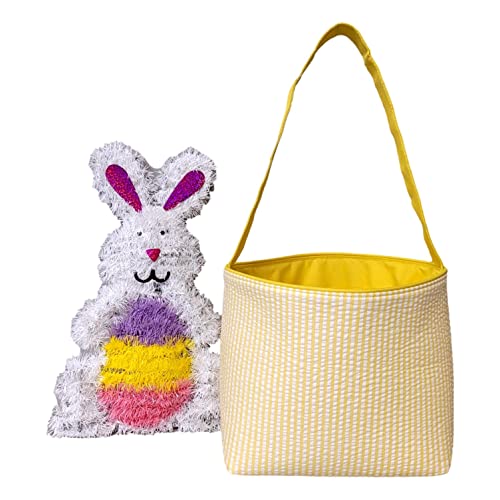 SONA G DESIGNS Seersucker Stripe Fabric Easter Basket Bucket Tote Bag - Egg Collecting4