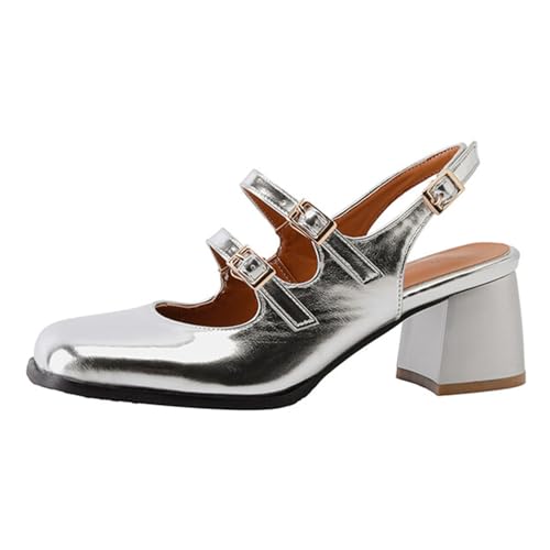 Alyaafifa Block Heel Ankle Strap Mary Jane Bow Pumps for Women Closed Square Toe Patent Leather Comfortable Dressy Shoes with Buckle Party Event Wedding Date Prom School