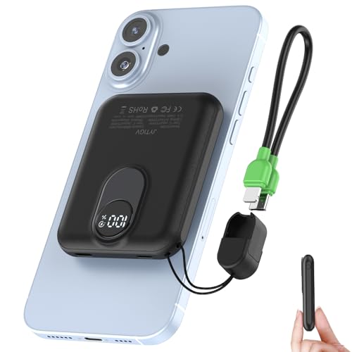 JYTIGV Small Magnetic Power Bank,5000mAh Mag-safe Battery Pack with 20W Fast Charging Detachable USB C&iOS cable,with LED Display,Slim Wireless Portable Charger for iPhone16/15/14/13/12 Series (Black)