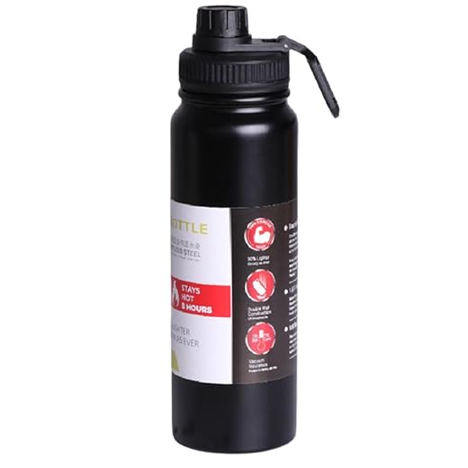 Garrafa de Água Térmica Inox 800ml Esportiva com Alça Parede Dupla Isolada a Vácuo Antivazamento Garrafinha Academia Fitness Corrida Esportes Escritório Aço Inox (Preto)