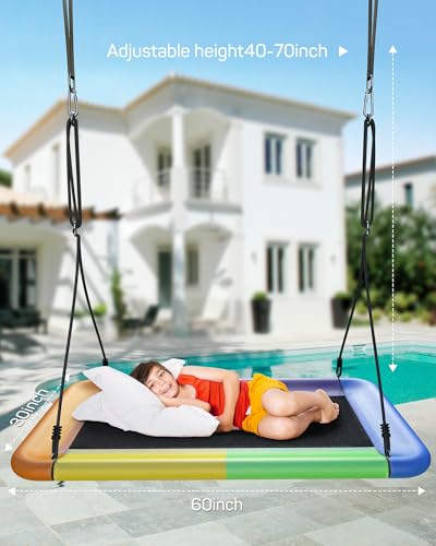 Everyfun Tree Swing for Kids and Adults, 60" Waterproof Rectangle Platform Swing, 700lbs Heavy Duty with Adjustable Straps, Rainbow - Image 3