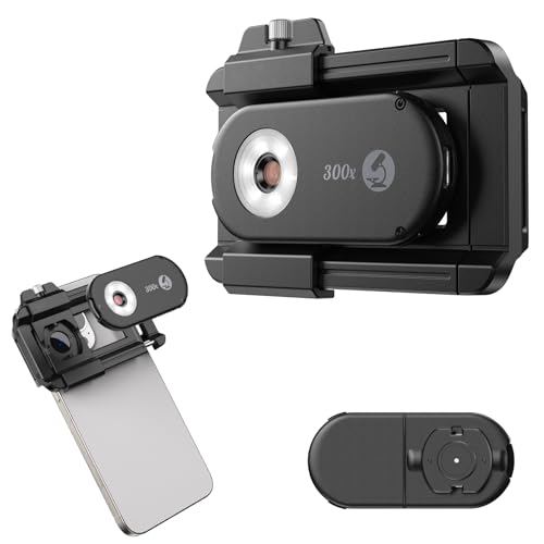 Acogedor 300倍スマホ顕微鏡レンズ、スマホ用マイクロレンズ、18LEDライト、19照明モード、CPLフィルター、ユニバーサルクリップ付き、植物・硬貨・宝飾品用
