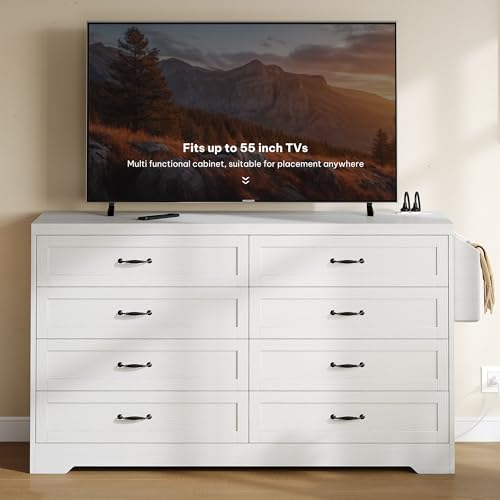 DWVO White Farmhouse8 Drawer Dresser, 47.2" W Large Vintage Double Dresser Chest of Drawers with Charging Station and Side Organizer Bag, Wood Storage with Retro Metal Handle for 300lbs for Hallway