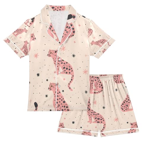senya Face Of A Leopard Satin Summer Pajama Sets Silk Short Sleeve Button Down Sleepwear