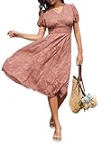 GRACE KARIN Women’s Spring Wedding Guest Dress Casual Puff Short Sleeve V-Neck High Waist Swing Knee Length Dress Orange Pink 2XL