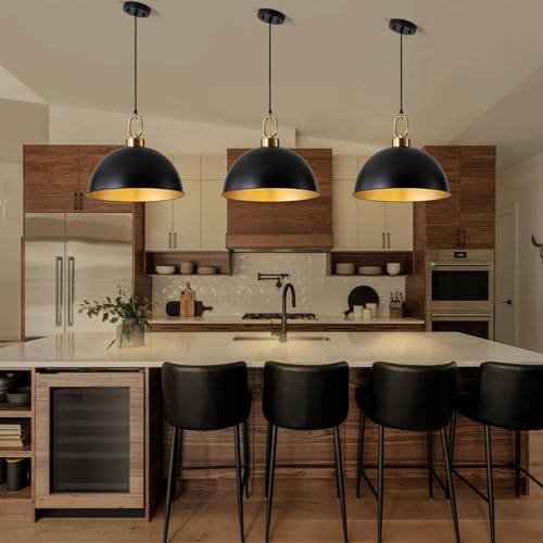 16.1" Large Farmhouse Pendant Lights Kitchen Island, Industrial Dome Pendant Light Fixture, Matte Black with Gold Handle Adjustable Height Hanging Island Light for Dining Room,Kitchen,Cafe by TinHon - Image 6