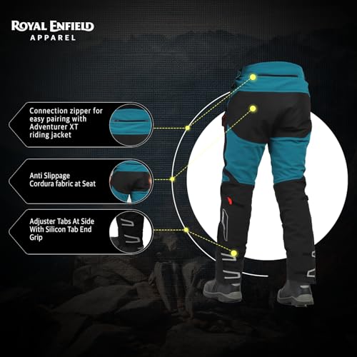 Image of Royal Enfield ADVENTURER XT RIDING TROUSER| CE level 2 armor at knee & hip | High abrasion resistance 610 D cordura fabric | Superfabric at Knees | Waistband adjusters | TEAL 38 inch
