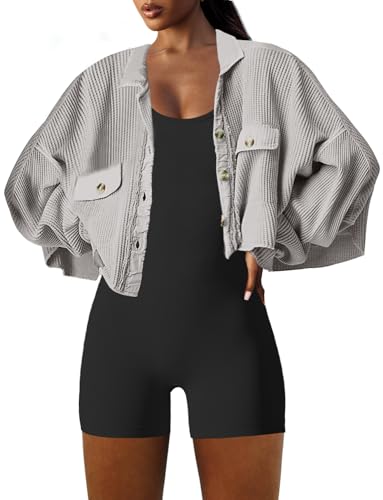 Image of Panadila Women's Cropped Waffle Knit Shacket Short Button Down Jacket Batwing Sleeve Shirts with Pocket