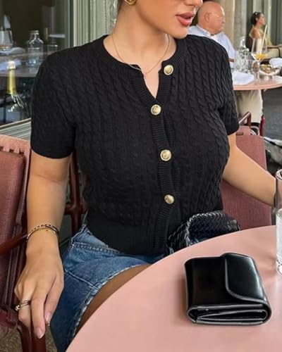Image of Women Cable Knit Short Sleeved Sweater Cardigan Casual Button Up Soft Solid Sweater Shirt