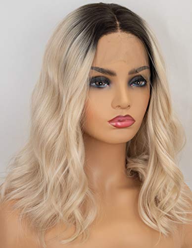 Persephone Ombre Blonde Lace Front Wig Bob 2 Tones Middle Part Short Wavy Synthetic Wigs Ash Blonde for Women Heat Resistant