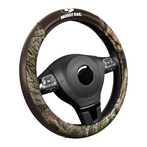 Mossy Oak Funda de volante de camuflaje, agarre duradero, ajuste universal de 14.5 a 15.5 pulgadas, fabricada con cuero de PVC marrón de alta calidad y tela de algodón, antideslizante, producto