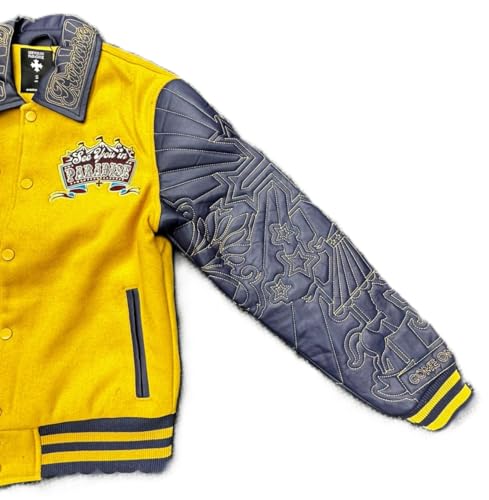 Paradise Kids Varsity Jacket, Mustard with Navy Quilted PU Sleeves, Tiger Embroidered Design4