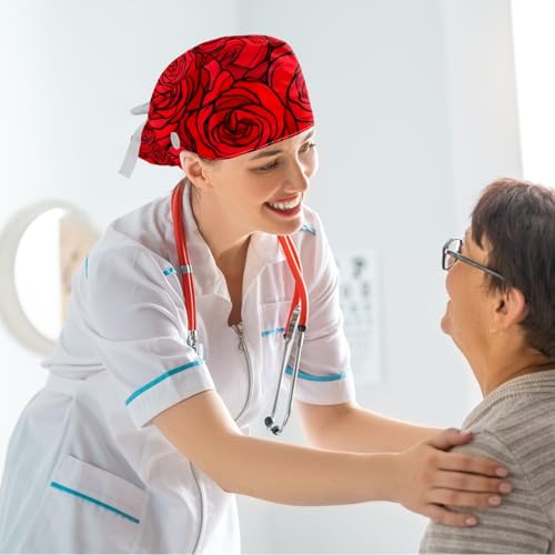 Image of Red Blooming Rose Flowers Black Working Cap with Scrunchy and Ribbon Tie for Women, Long Hair