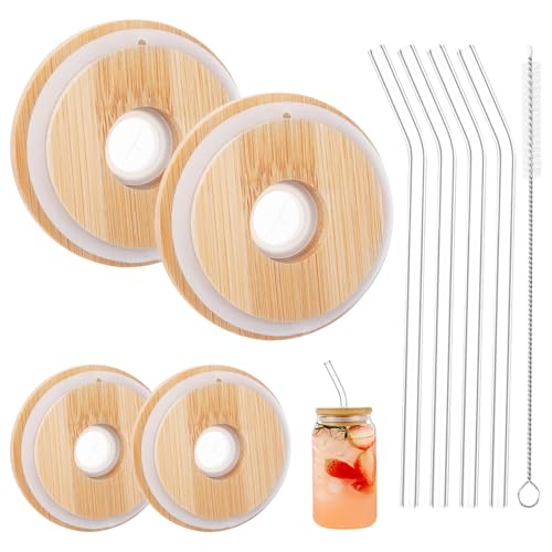 4 Pack 86mm Bamboo Lids for Glass Cups, Mason Jar Lids with Straw Hole, Wide Mouth Mason Covers for Drinking, Wood Lid for Drinking Glass, Jar Straw Cap, Leakproof Reusable Airtight Hole Tops
