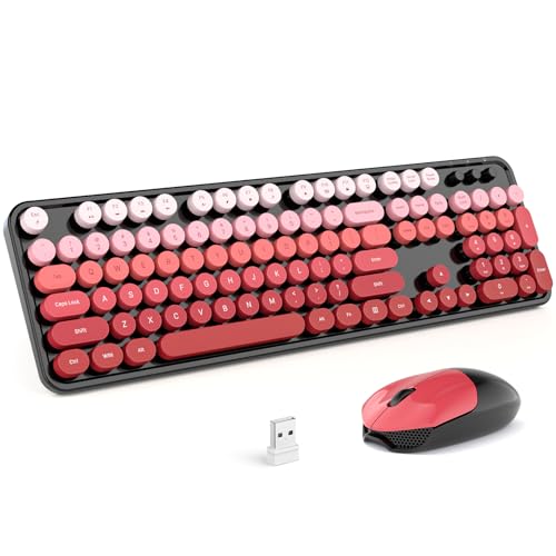 MOFII Wireless Keyboard and Mouse Combo Full Size 2.4G Plug and Play Typewriter Retro Round Computer Keyboard and Mouse Set for Windows Computer Desktop PC Notebook - (Black Red Gradient)